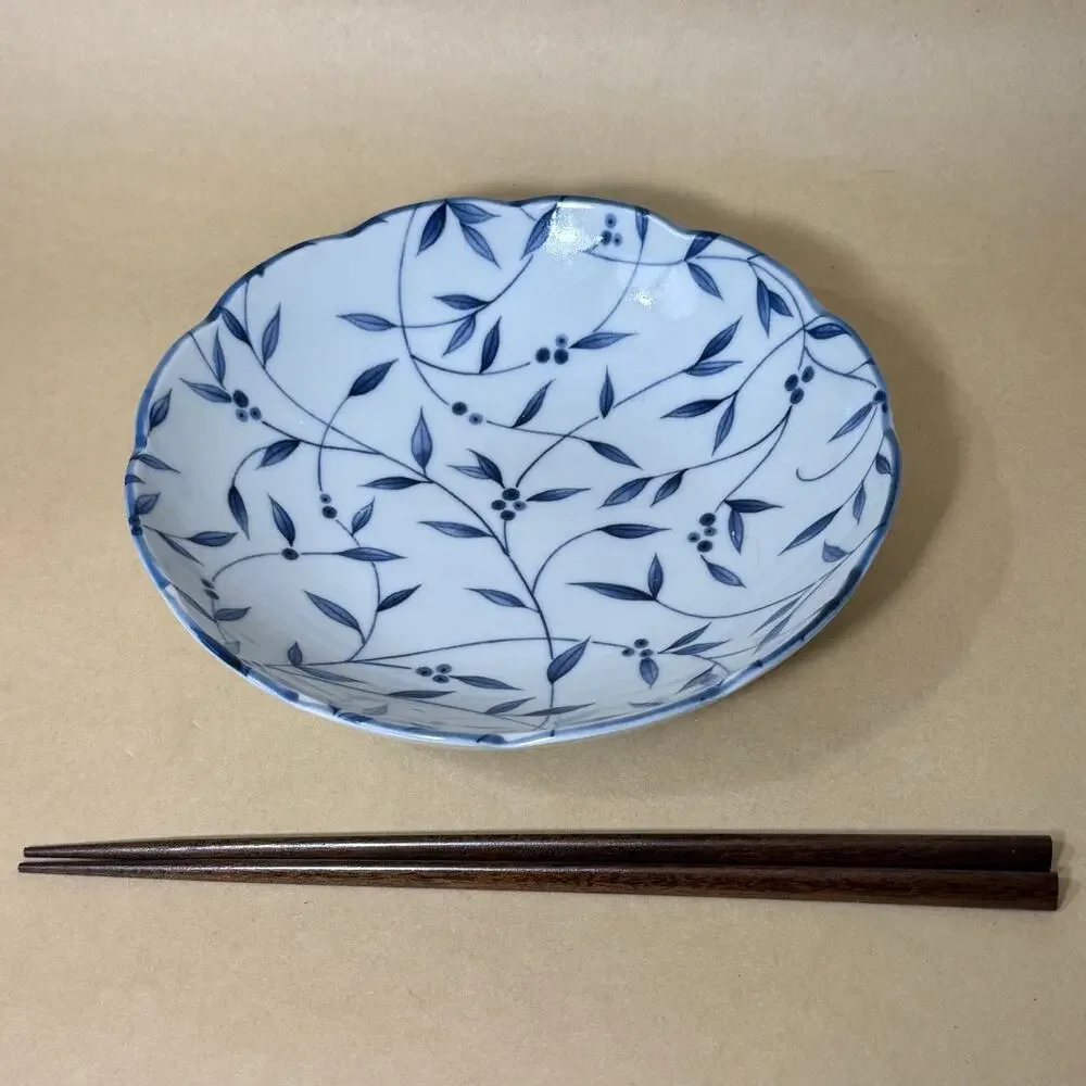 Vintage Japanese Blue and White Porcelain Floral Vine Bowls, Marked (Set of 2)